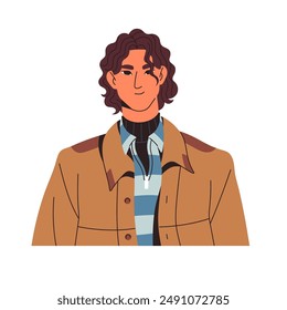 Avatar de feliz chico guapo con el pelo rizado. Joven con cara positiva, peinado ondulado sonríe en retrato. Perfil de usuario de modelo masculino. Ilustración vectorial aislada plana sobre fondo blanco