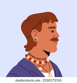 Avatar of happy man with tattoo, earring and modern pyramid style of moustache. Square portrait of person for user profile. Male face with mustache side view. Flat isolated vector illustration