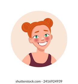 Avatar of happy person in cartoon design. A graceful and charming cartoon design featuring a woman's avatar, inviting viewers to appreciate her elegance and personality. Vector illustration.