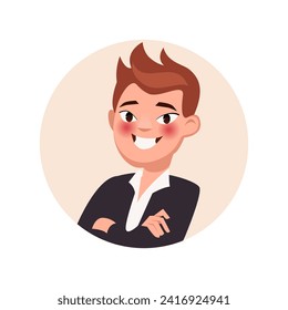 Avatar of happy person in cartoon design. An artful illustration of a man's avatar skillfully blend design elements to create a visually appealing and charismatic image. Vector illustration.