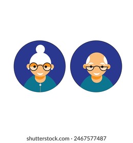 Avatar de feliz sonriente pareja de ancianos. Retratos de hombres y mujeres de edad. Ilustración vectorial en estilo plano