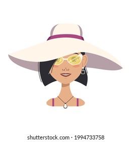 Avatar of a happy woman with black hair, short hairstyle, face, glasses and a summer hat. Human face with a smile, joy fashionable girl on the beach