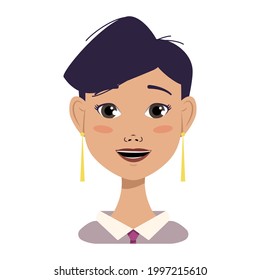Avatar of a happy woman with black short trendy hair, laughing face and joyful emotions. Human face of office worker, modern girl in shirt and tie smiling