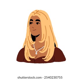 Avatar de jovem feliz com cabelo loiro sorri. Retrato feminino bonito para o perfil do usuário. Rosto bonito de menina latina positiva com colar. Ilustração de vetor isolado plano sobre fundo branco