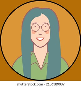 Avatar of hipster woman with green hair and round glasses. Flat vector illustration design