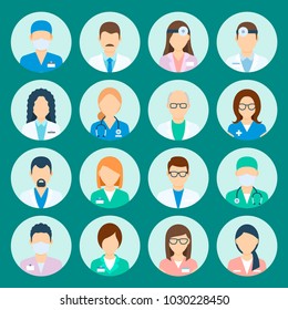 Avatar hospital staff. Medicine set with doctors and nurses avatar, medical practitioners, human healthcare specialists. Vector flat style cartoon illustration isolated on green background