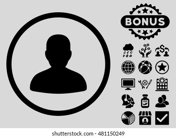 Avatar icon with bonus. Vector illustration style is flat iconic symbols, black color, light gray background.