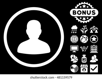 Avatar icon with bonus. Vector illustration style is flat iconic symbols, white color, black background.