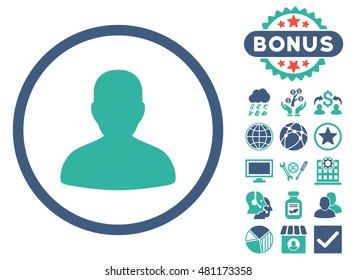 Avatar icon with bonus. Vector illustration style is flat iconic bicolor symbols, cobalt and cyan colors, white background.