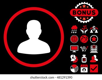 Avatar icon with bonus. Vector illustration style is flat iconic bicolor symbols, red and white colors, black background.