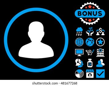 Avatar icon with bonus. Vector illustration style is flat iconic bicolor symbols, blue and white colors, black background.