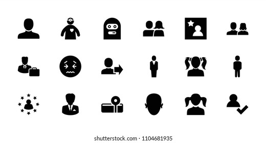 Avatar icon. collection of 18 avatar filled icons such as man, man and woman, girl, add user, thief emot, upset emot. editable avatar icons for web and mobile.