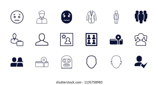 Avatar icon. collection of 18 avatar filled and outline icons such as photo for passport, face, man, girl, group, upset emot. editable avatar icons for web and mobile.