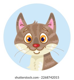 Avatar icon of a cute brown cat. In the blue circle. In cartoon style. Isolated on white background. Vector flat illustration