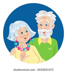 Icono de avatar de una linda pareja de ancianos. Hombre y mujer adultos abrazándose. En estilo de dibujos animados. Ilustración vectorial en círculo azul oscuro. Aislado sobre fondo blanco.