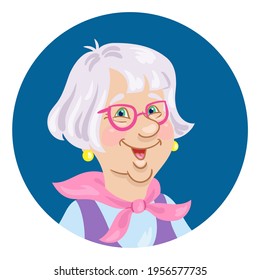 Avatar icon of a cute elderly woman in glasses. In cartoon style. Isolated on white background. Vector flat illustration.