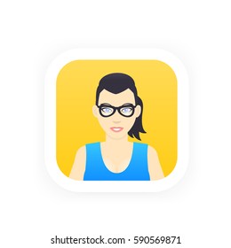 Avatar icon in flat style, cartoon girl in glasses, vector illustration