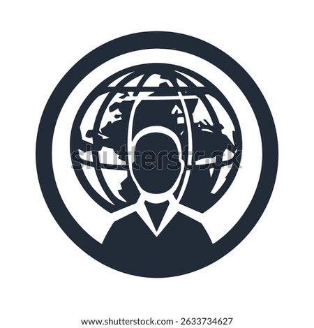 Avatar icon in front of a globe, symbolizing global network, international presence, and worldwide connection