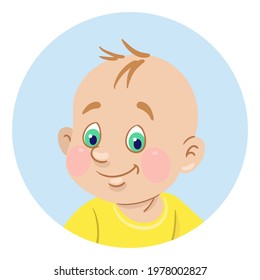 Avatar icon of a funny baby. In the blue circle. In cartoon style. Isolated on white background. Vector illustration