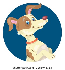 Avatar icon of a funny little dog.  In cartoon style. On the dark blue circle. Isolated on white background. Vector flat illustration.