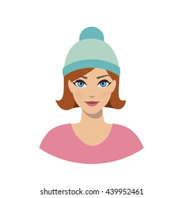 Avatar icon of girl in a beanie hat on a white background. Vector.