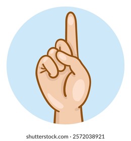 Avatar icon of a hand showing an index finger up. In a blue circle. In cartoon style. Isolated on white background. Vector illustration.