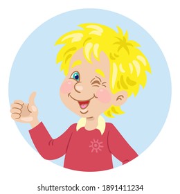 Avatar icon of a happy boy showing thumb up. In cartoon style. Isolated on white background. Vector flat illustration.