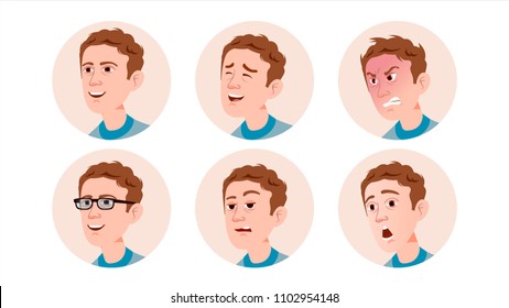 Avatar Icon Man Vector. Facial Emotions.  Happy, Unhappy. User Person. Trendy Image. Angry, Smile. Face Silhouette. Flat Cartoon Character Illustration
