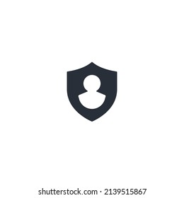 Avatar icon on shield. User protection. Shield user. Illustration vector. Privacy icon, flat shield with person silhouette symbol, personal protection sign, authentication security icon.