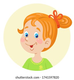 Avatar icon of a red-haired  little girl. Portrait in the circle. In cartoon style. Isolated on white background. Vector flat illustration.