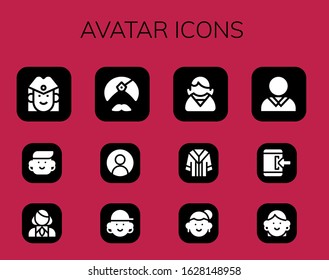 avatar icon set. 12 filled avatar icons. Included Stewardess, Avatar, Man, User, Employee, Uniform, Login icons