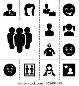 Avatar icon. set of 13 filled avatar icons such as girl, hairstyle, maid, upset emot, emot showing tongue, businessman, doctor with medical reflector, photo for passport