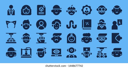 avatar icon set. 32 filled avatar icons. on blue background style Simple modern icons about  - Businessman, Headband, 3d, Avatar, Woman, Man, User, Spy, Stumbleupon, Arab woman