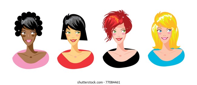 Avatar icon set - cartoon portrait clipart illustration collection. Female hairstyles. Fashion Woman
