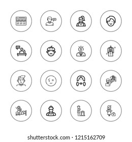 Avatar icon set. collection of 16 outline avatar icons with businessman, employee, grief, maid, jacket, man, profile, worker, wink, user icons.