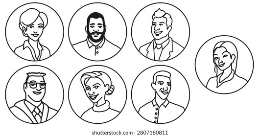 Avatar icon set. Hand drawn Doodle Monochrome Face Placeholders icons. Male and female user profile for social networks, resumes, forums and dating sites. Portrait of different people.