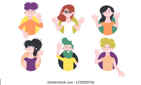 Avatar Icon Set. Isolated Happy Male and Female Portraits with Emotions and Hands on a Circle Background in Modern Linear Flat Style. Social Media Template Userpic and Profiles. Vector EPS 10