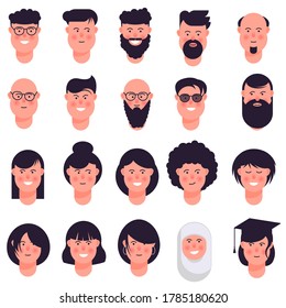 Avatar icon set isolated on white background. Diverse faces, man and woman, young and elder. Cute and simple flat cartoon style.

