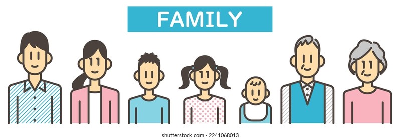 Avatar icon set of Japanese family (young and old men and women) [Vector illustration material]