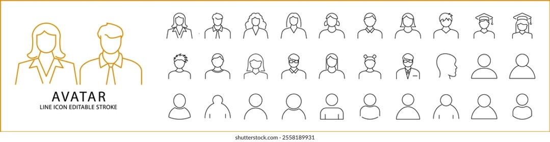 Avatar Icon Set In Line Style. Avatar Icons. vector Illustration. editable Stroke.