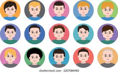 Avatar icon set of the man with glasses. Vector illustration isolated on transparent background.