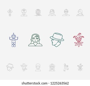Avatar icon set and old man with robot, curly haired woman and cowboy. Chatbot related avatar icon vector for web UI logo design.