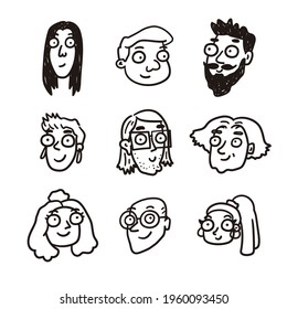 Avatar icon set of people to use as face icons. Diversity. Line drawing. Vector illustration with hand drawn style. Doodles.