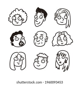 Avatar icon set of people to use as face icons. Diversity. Line drawing. Vector illustration with hand drawn style. Doodles.
