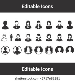 Avatar icon set representing diverse people, business profiles, male and female users, and social media account members.