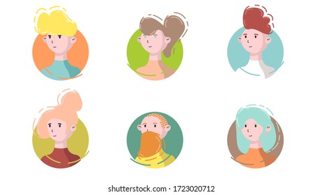 Avatar Icon Set Side View. Isolated Male and Female Portraits on a Circle Background in Modern Linear Flat Style. Social Media Template Userpic and Profiles. Vector EPS 10