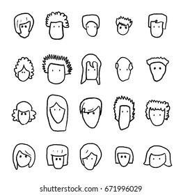 Avatar icon set - vector cartoon doodle faces and heads collection.