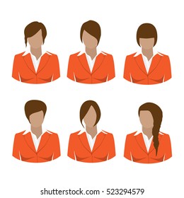 Avatar icon set. Vector illustrations of beautiful young girls, business woman with various hair style. Collection of female hair style. Woman in orange suit