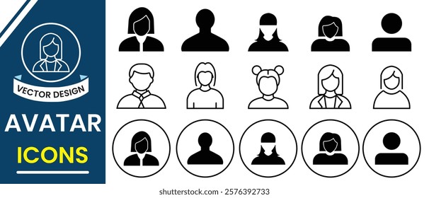 Avatar icon, user profile vector icon set. People icon, Male and Female Avatars silhouette set. Human avatar, Profile user Vector illustration. Illustration of person.