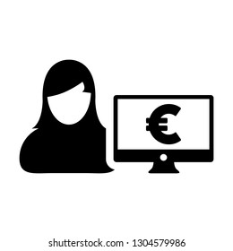 Avatar icon vector female user person with computer monitor screen and euro sign in flat color in Glyph Pictogram Symbol illustration